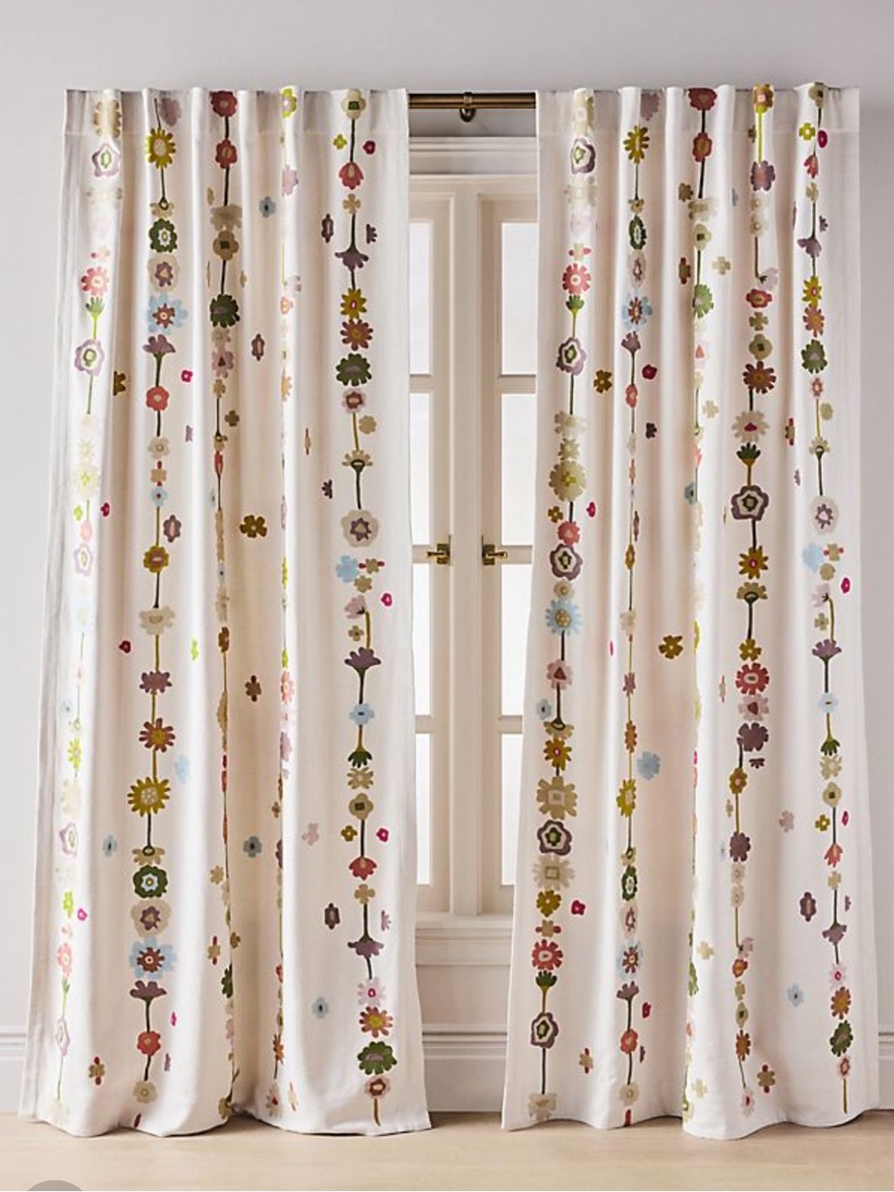 Anthropologie Kalina Embroidered Cotton Abstract Floral Curtain Panel Single